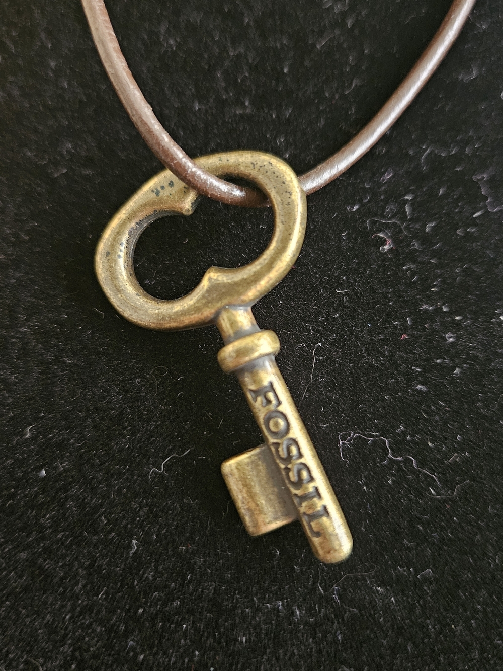 Fossil Brass Key Pendant on Brown Cord